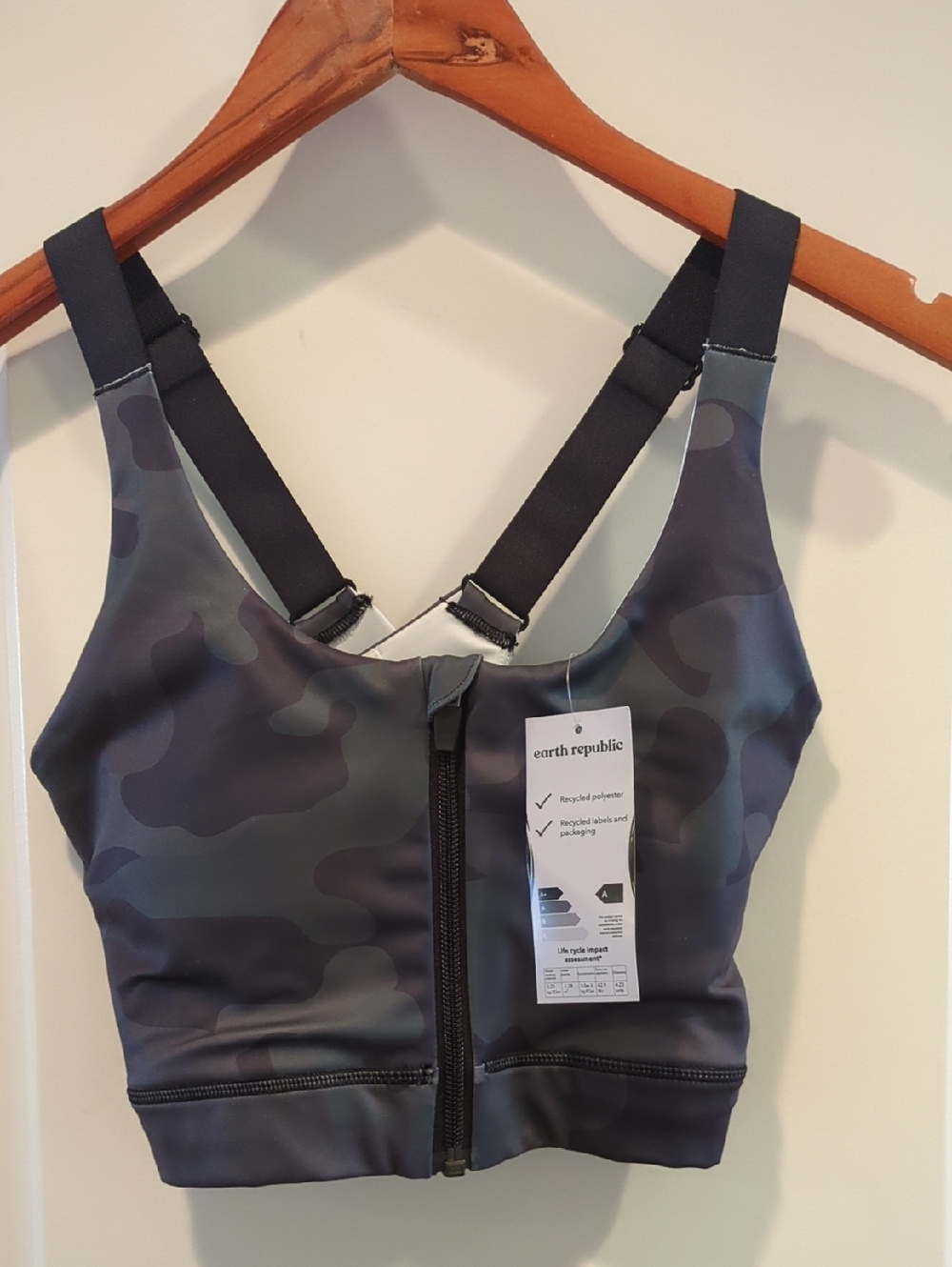 Earth Republic Front-Zip Camo Sports Bra - Medium Black/Gray